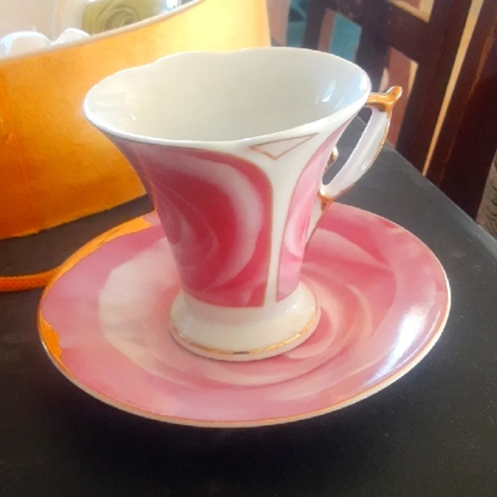 Pink and White Rose Teacup and Saucer Set(DNA) Fine Porcelain